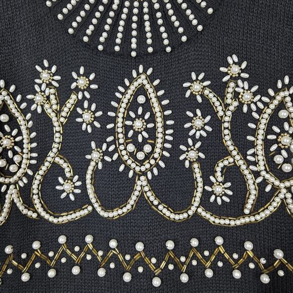 VTG Margules Sweater sz M Black Heavily Beaded Pearl Front Mock Neck Grandmacore - Picture 4 of 16